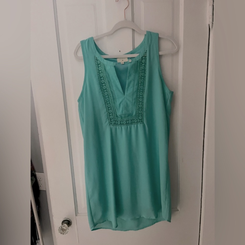 Anthropologie Everly Sleeveless Teal Shift Dress with Crochet front detail